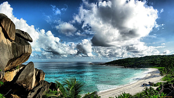gorgeous beach in the tropics r, sea, clouds, r, rocks, beach HD wallpaper