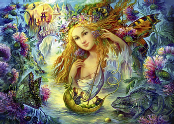 Journey, water, biat, blue, josephine wall, art, girl, fairy, pink, painting, pictura, yellow, flower HD wallpaper