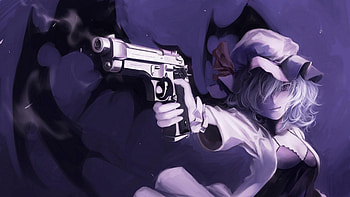 Remilia Scarlet, wings, games, purple background, pistol, lone, anime, white hair, weapon, touhou, video games, gun, female HD wallpaper