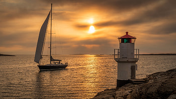 Sunset view, Sweden, Yecht, Lighthouse, Yacht, Sea HD wallpaper