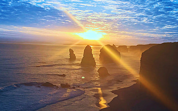 Twelve Apostles at sunset, Victoria, sea, australia, sky, sun, rocks HD wallpaper