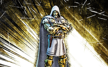 God Emperor Doom, grunge art, Fortnite Battle Royale, Fortnite characters, God Emperor Doom Skin, yellow abstract rays, Fortnite, God Emperor Doom Fortnite HD wallpaper