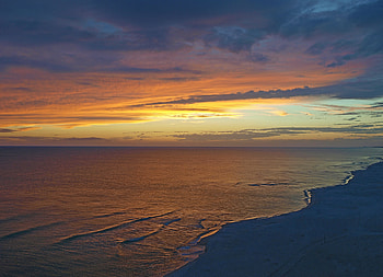 Beach, sunset, calm sea, clouds, sky HD wallpaper