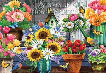 Flower pots and birdhouses, houses, bird, sunflowers, summer, flowers, spring HD wallpaper