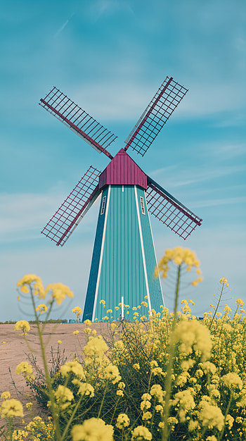 Colorful Windmill: A Serene , flower, landscape, sky, rural HD phone wallpaper