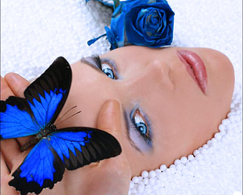 Blue, rose, girl, model, butterfly HD wallpaper