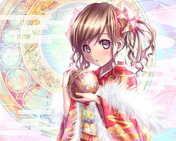 Marihime, sweet, kimono, yukata, cute, girl, fur, anime girl, anime, abstract, ball, female HD wallpaper