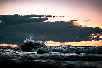 Nature, Sunset, Sea, Clouds, Rock, Spray, Stone HD wallpaper