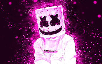 DJ Marshmello, purple neon lights, Christopher Comstock, , american DJ, superstars, music stars, Marshmello , purple abstract backgrounds, Marshmello, DJs HD wallpaper