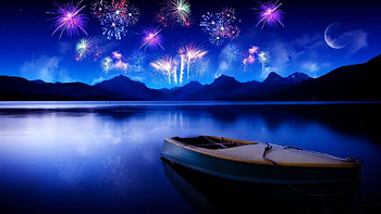 Cool Bright twilight fireworks lake backgrounds wide : HD wallpaper