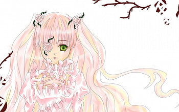 Rozen Maiden, maidenrozen, roses, petals, white background, pink hair, long hair, green eyes, dress HD wallpaper