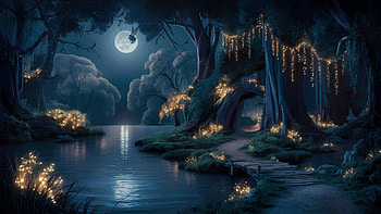 Enchanted moonlit forest with glowing lights, forest, moonlight, glowing light, magic, surrealism HD wallpaper