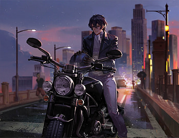 Man on bike, rider, artwork, cityscape HD wallpaper