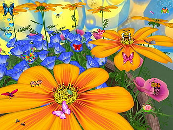 Flowers, bees, butterflies, abstract HD wallpaper