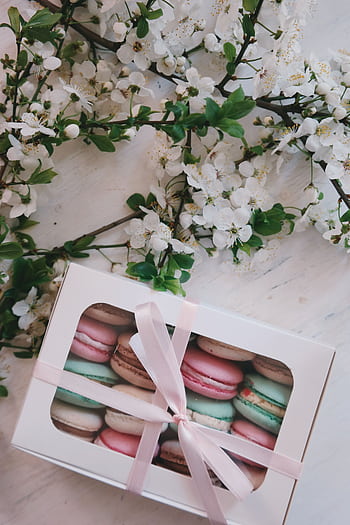 Charming box of assorted macarons wrapped in ribbon, placed with white cherry blossoms on a table. HD phone wallpaper