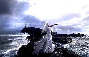 Angel's Song, white, girl, beautiful, angel, violin, rocks, woman, lady, fantasy, abstract, sky, ocean, female HD wallpaper
