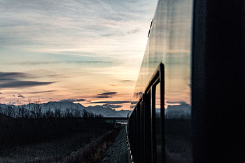 Landscape, Sunset, Mountains, Twilight, Miscellanea, Miscellaneous, Dusk, Train HD wallpaper