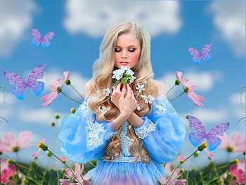 Delicate Blue, butterflies, blue, pink, white, green, soft, flowers, girl, spring HD wallpaper