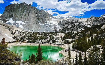 A beautiful Alpine Lake in the Eastern Sierras. Big Pine, CA, california, trees, clouds, sky, mountains, usa HD wallpaper