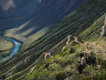 Nature, Rivers, Mountain, Girl, Slope, Sinuous, Winding, Track, Posing HD wallpaper