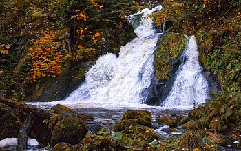 waterfall, autumn, mountain waterfall, rock, lake, yellow leaves, waterfalls in autumn HD wallpaper
