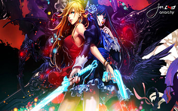 Panty and Stocking With Garterbelt, blonde, anarchy panty, gun, sexy, sword, hunter, hot, blue hair, monster, weapons, anime girl, anarchy stocking, candle, battle, cool, fighter, two girl HD wallpaper