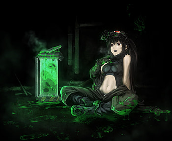 black rock shooter, green, red eyes, sky, blush, black hair, long hair, warrior HD wallpaper