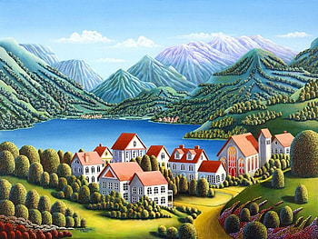 Spirit Mountains, artwork, painting, landscape, trees, houses, lake HD wallpaper