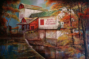 Bucks County Playhouse, barn, countryside, artwork, painting, autumn, trees HD wallpaper