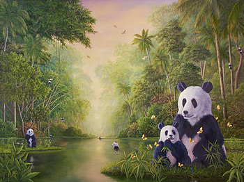 Panda bears, forest, water, panda, urs, art, robert bissell, bamboo, painting, bear, pictura, green, jungle HD wallpaper