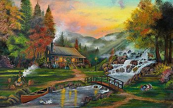 Smokey Mountain Majesty, river, colors, cabin, artwork, painting, waterfall, bridge, trees, sky, mountains, sunset HD wallpaper