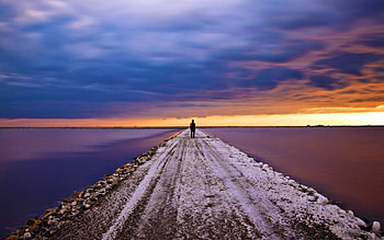 Waiting, peaceful, beauty, road, water, ocean, sunset, sea, pathway, man, path, purple sunset, beautiful, purple, view, clouds, nature, sky, lovely, splendor HD wallpaper