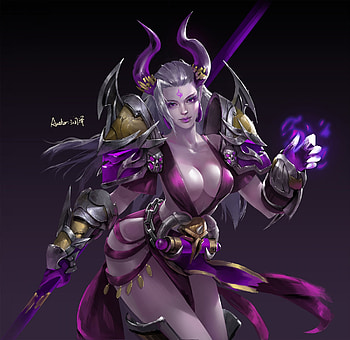 Fantasy girl, purple, horns, runze, fantasy, art, run ze, girl, demon, black HD wallpaper
