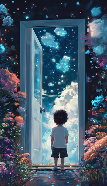 Dreamscape Door: Fantasy Adventure with Boy and Stars, dream, boy, door, fantasy adventure HD phone wallpaper
