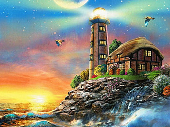 Light on the Cliff, sea, artwork, lighthouse, cottage, water, sun, sunset HD wallpaper