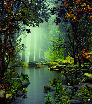 Art, Trees, Stones, Lake, Fog HD phone wallpaper