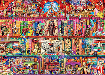 The greatest show on earth shelves, circus horse elephant, horse, shelves, fantasy, art, show, elephant, circus HD wallpaper
