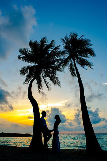 A couple enjoying a romantic sunset on a tropical beach with palm trees. HD phone wallpaper