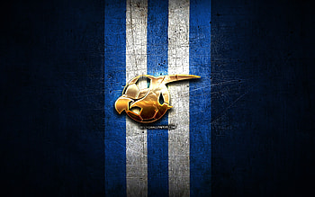 Haugesund FC, golden logo, Eliteserien, blue metal background, football, norwegian football club, FK Haugesund logo, soccer, FK Haugesund HD wallpaper
