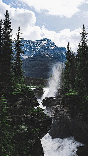Nature, Water, Trees, Mountains, Rocks, Spray HD phone wallpaper