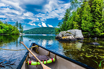 River in Quebec, Canada, boat, clouds, trees, sky, water HD wallpaper