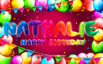Happy Birtay Nathalie, , colorful balloon frame, Nathalie name, purple background, Nathalie Happy Birtay, Nathalie Birtay, popular american female names, Birtay concept, Nathalie HD wallpaper