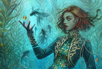 Mermaid, blue, art, girl, irina tsarakaeva, summer, fantasy, green, pesti, underwater, luminos, fish, siren, vara HD wallpaper