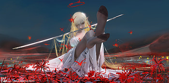 Spider lily, sword, art, shiwen liu, girl, fantasy, flower, red, luminos HD wallpaper