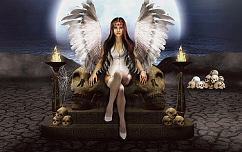 Queen of Death, night, spider webs, the throne, skull, angel wings, death, sitting, moon, fantasy, the Queen HD wallpaper