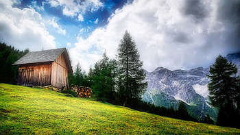 Mountain Meadow in the Dolomites, Italy, trees, clouds, sky, alps, cabin HD wallpaper