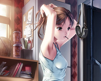 Messy Hair, cute, long hair, tin, pencil, female, googles, brown eyes, sexy, shelf, room, hot, girl, paper, anime girl, bookshelf, stationery, book, anime, brown hair, pen HD wallpaper