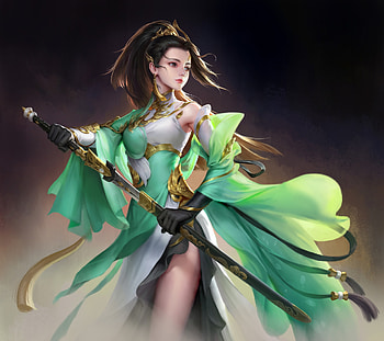 Fighter, frumusete, sword, fantasy, green, luminos, girl, wenfei ye HD wallpaper