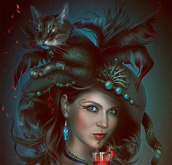 Duet, blue, svetlanaklimova, frumusete, girl, cat, pisica, jewel, fantasy, red, face, glass, luminos, hat HD wallpaper