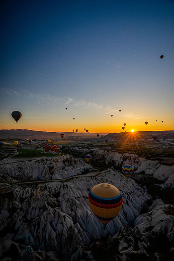 Landscape, Nature, Mountains, Dawn, Balloons, View From Above HD phone wallpaper